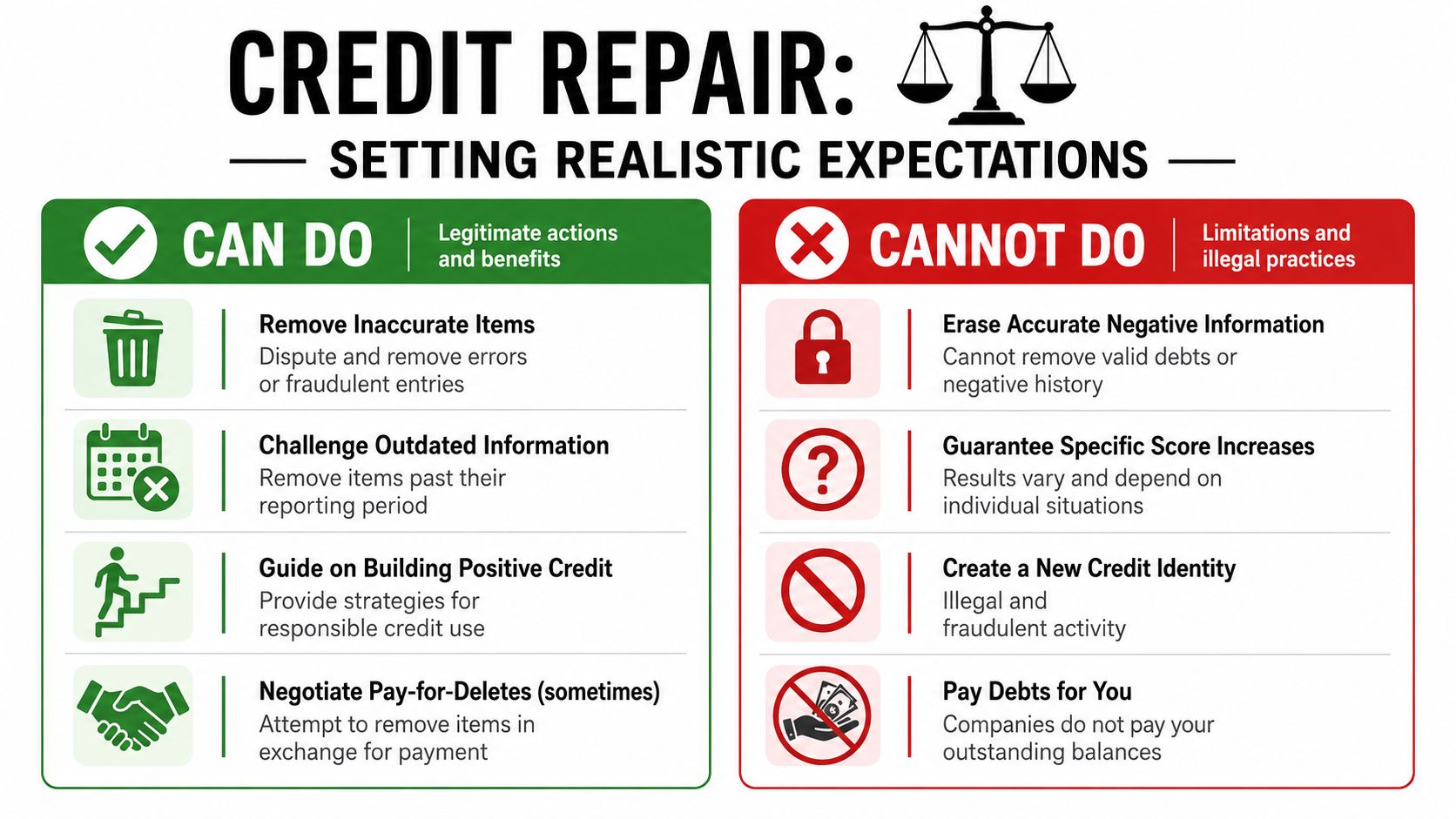 An infographic titled Credit Repair Setting Realistic Expectations comparing actions credit repair companies can and cannot do.