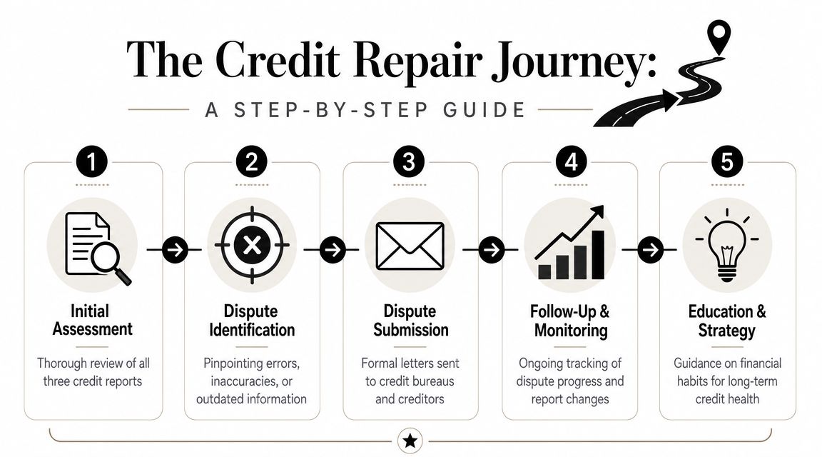 A five-step infographic showing the process of credit repair for improving your personal financial credit score.