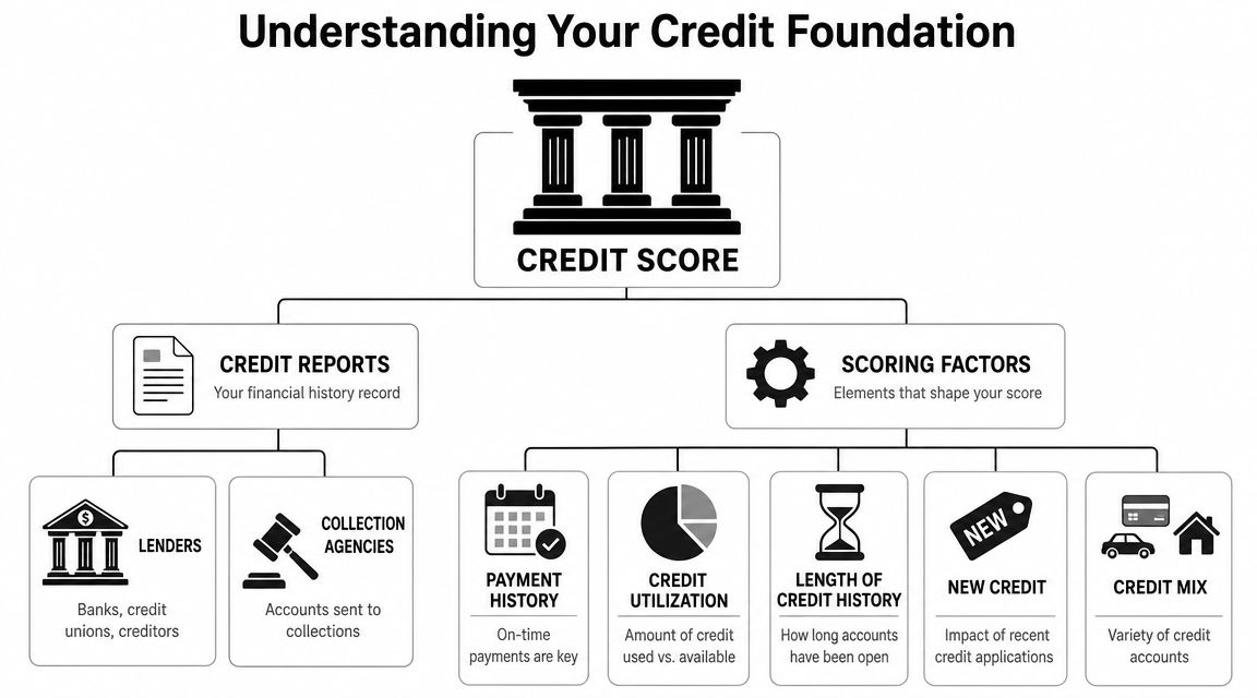 A diagram illustrating the components of a credit score, including credit reports, lenders, and key scoring factors.