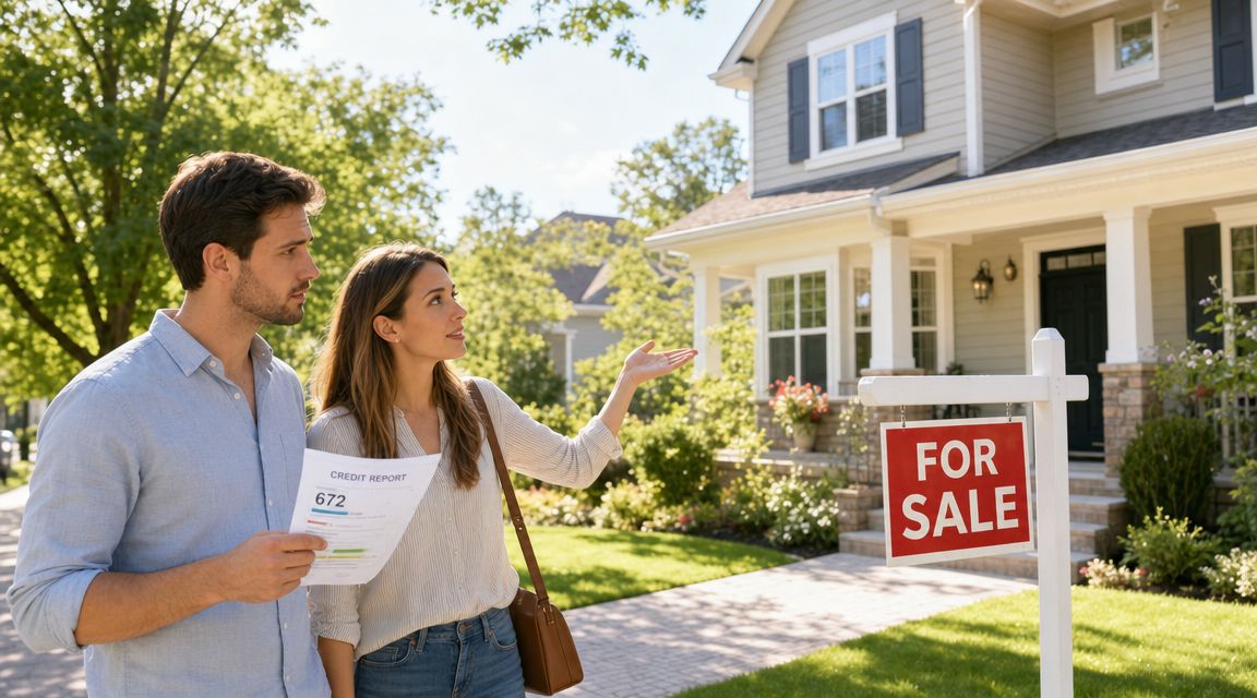 A couple reviewing their credit report while standing in front of a house for sale