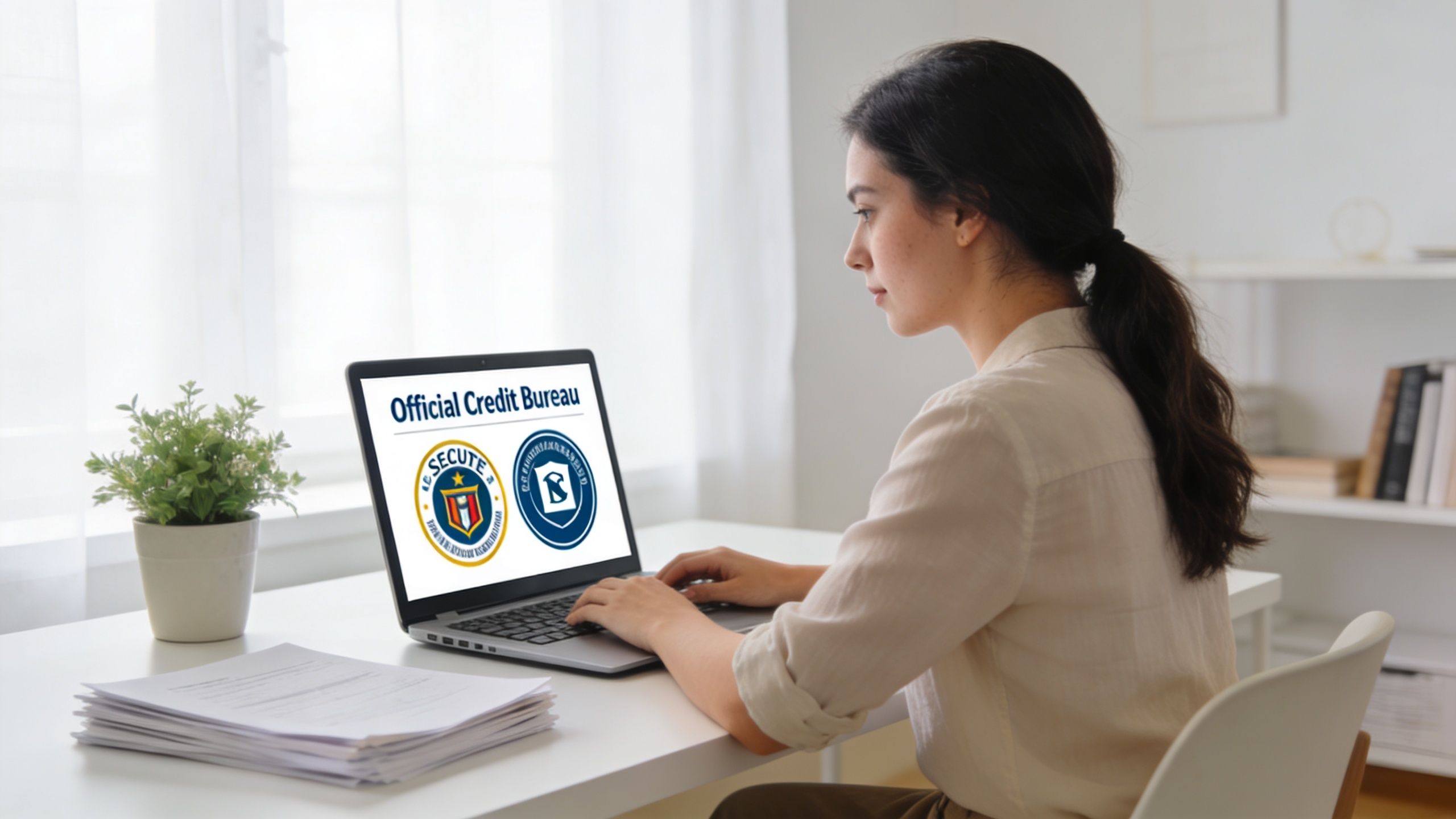 A woman working on a laptop displaying an Official Credit Bureau interface in a bright home office.
