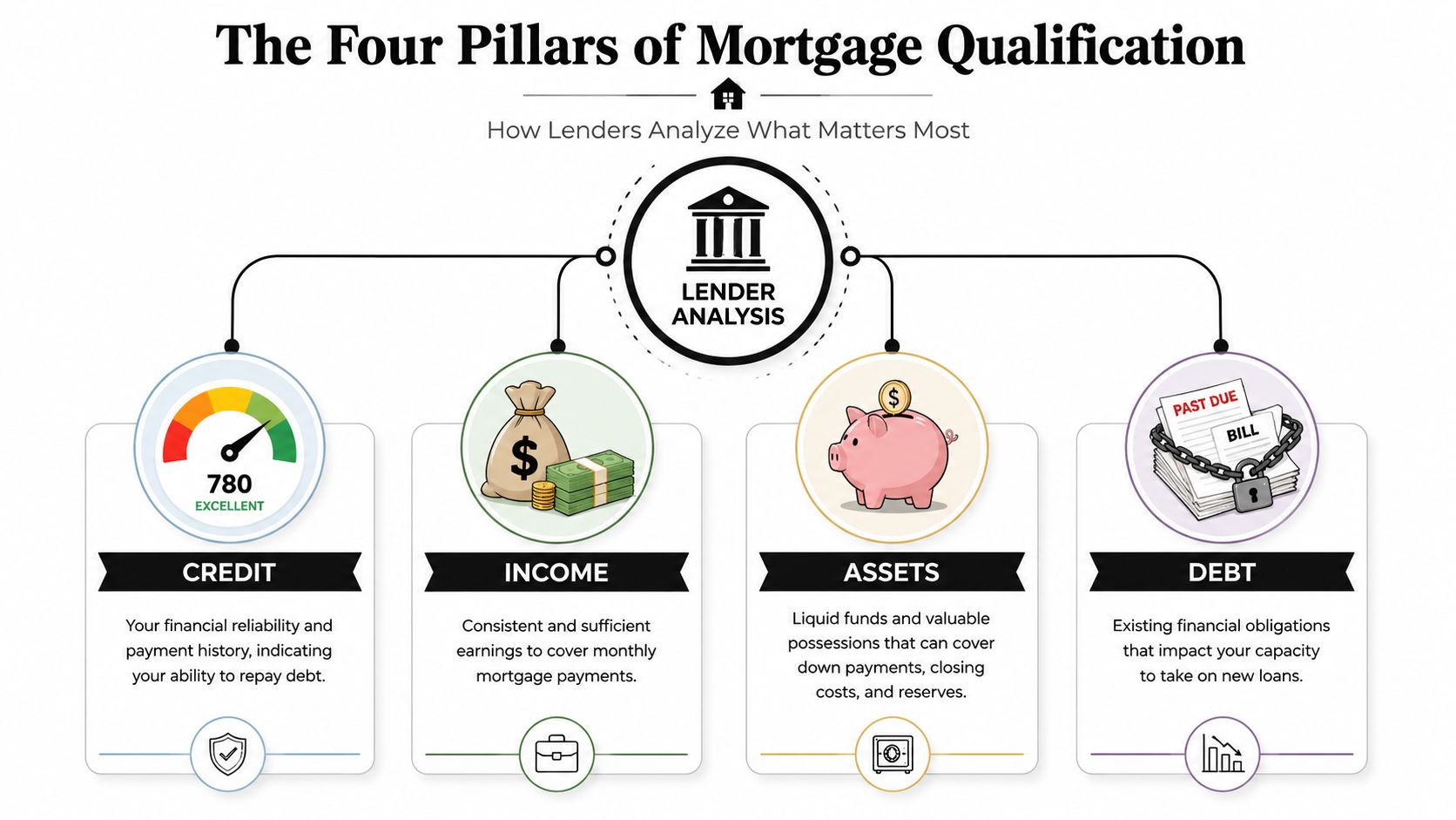 An infographic titled The Four Pillars of Mortgage Qualification explaining credit, income, assets, and debt analysis.