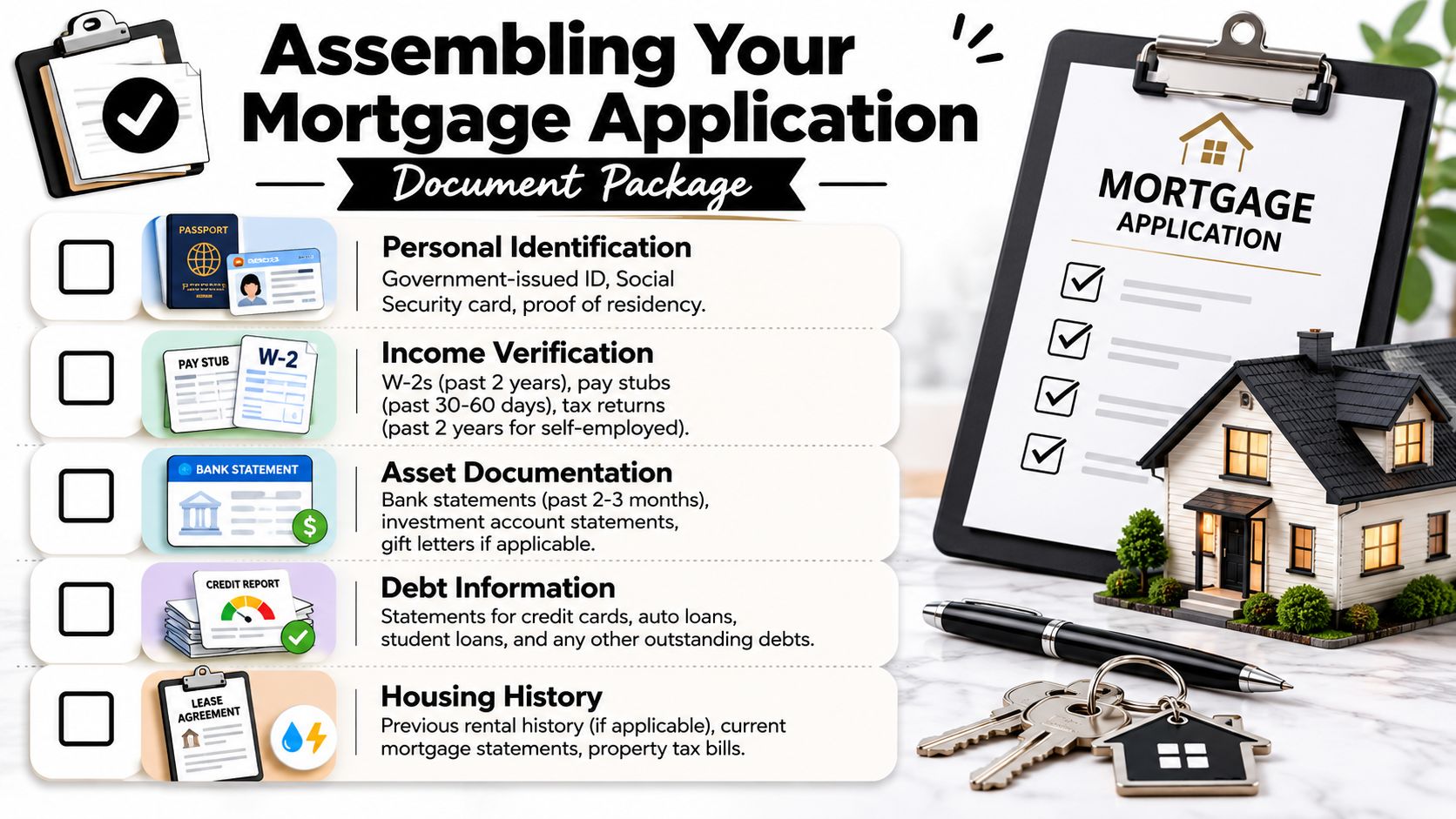 A checklist infographic illustrating the necessary documents required for assembling a mortgage application package.