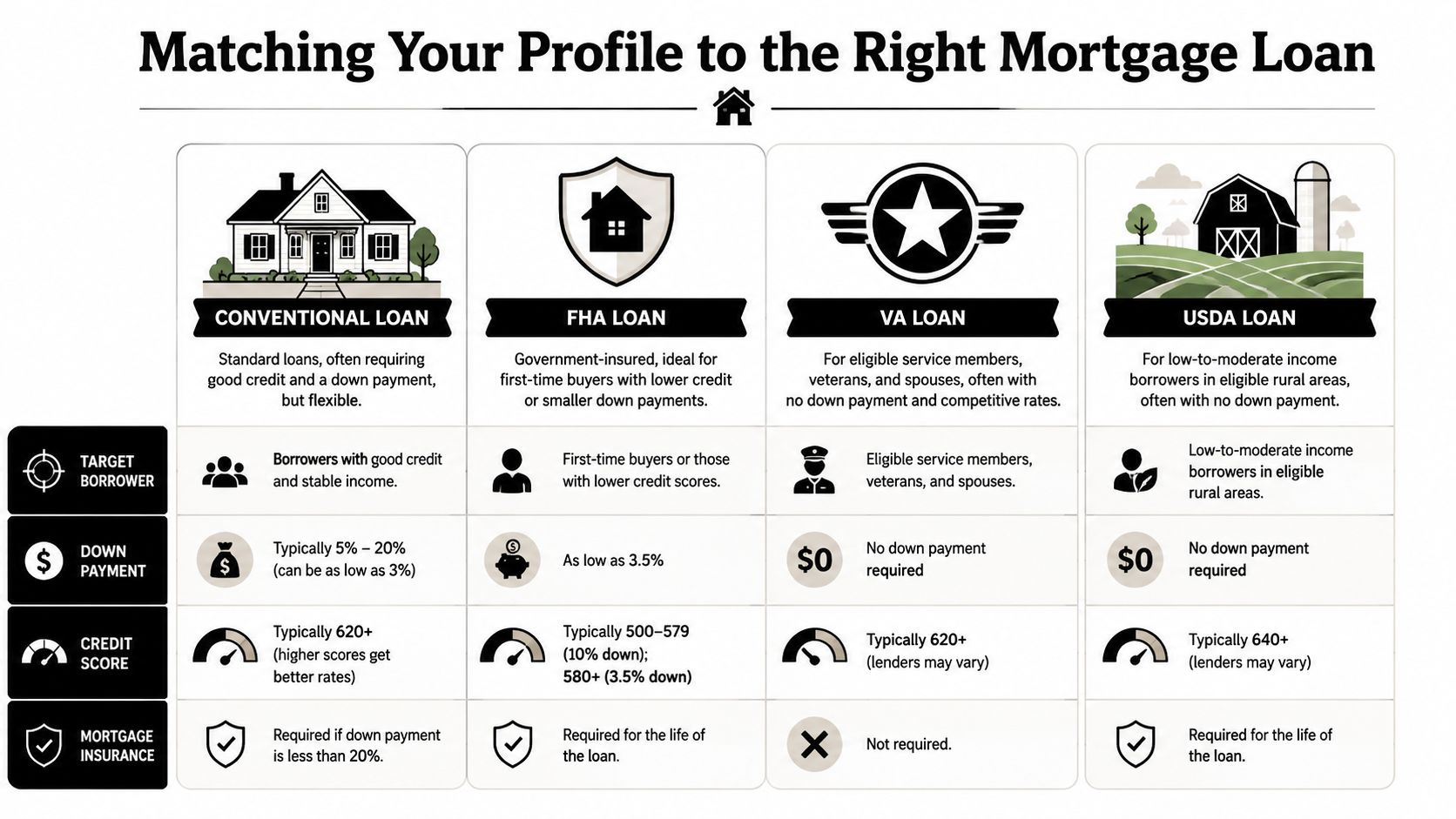 A comparison chart outlining eligibility requirements for Conventional, FHA, VA, and USDA mortgage loan types.
