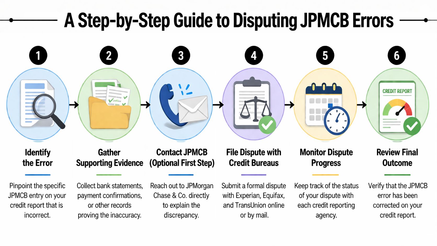 A six-step infographic guide explaining the process for disputing JPMCB errors on a personal credit report.