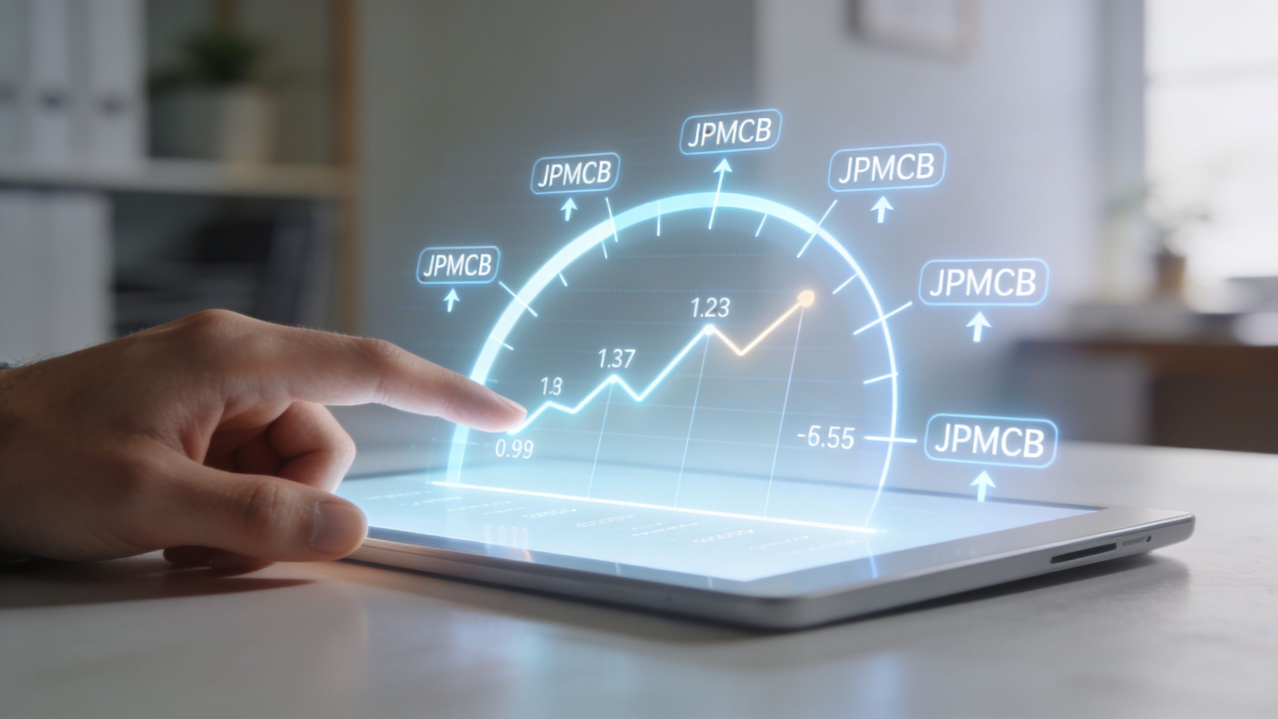 A hand interacting with a holographic financial chart showing data labeled with JPMCB on a tablet screen.