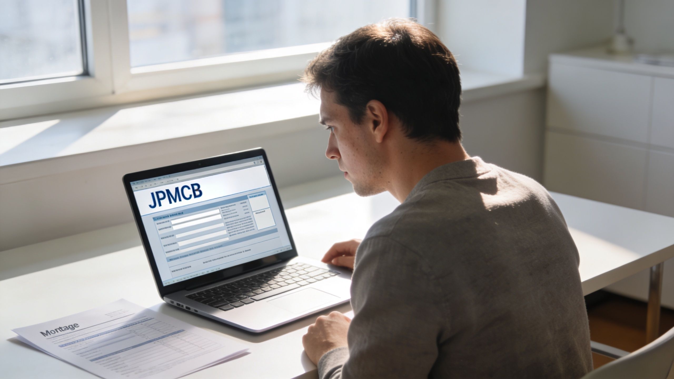 A man sits at a desk working on a laptop displaying a JPMCB banking interface form.
