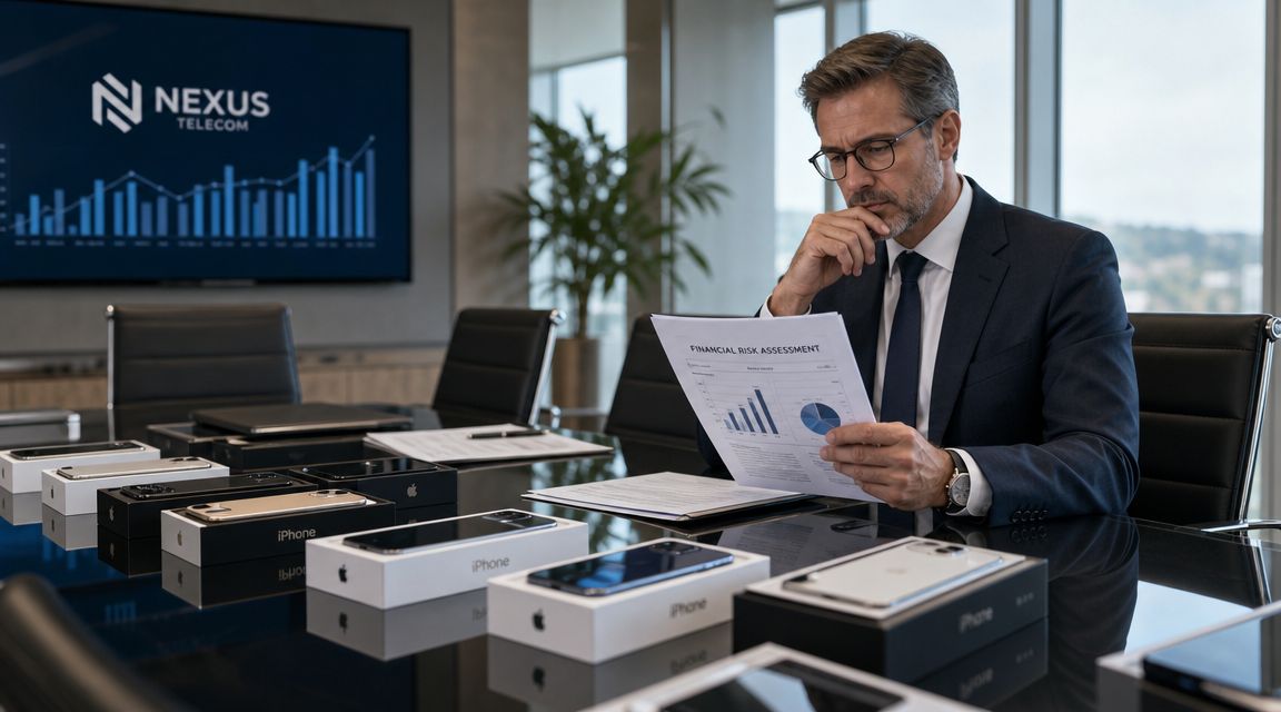A professional businessman reviews financial documents in a modern office with multiple new smartphones on the table.