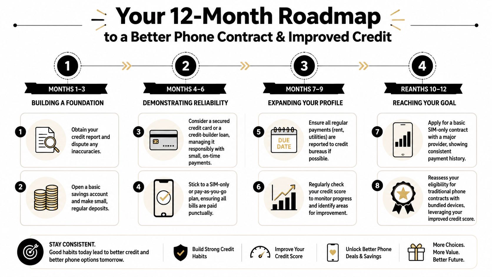 A 12-month roadmap infographic illustrating steps to improve credit score and qualify for better phone contracts.