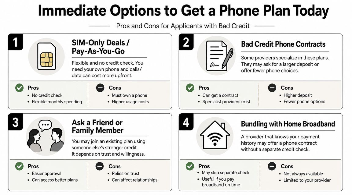 An infographic showing four immediate options for obtaining a phone plan for applicants with bad credit.
