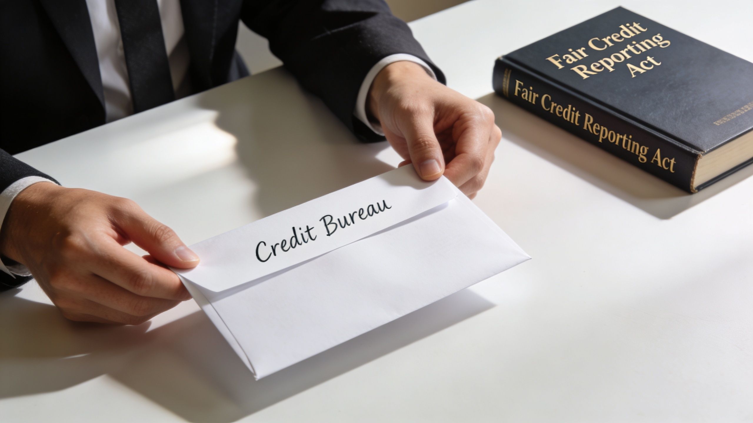A professional in a suit holding a Credit Bureau envelope next to a Fair Credit Reporting Act book.