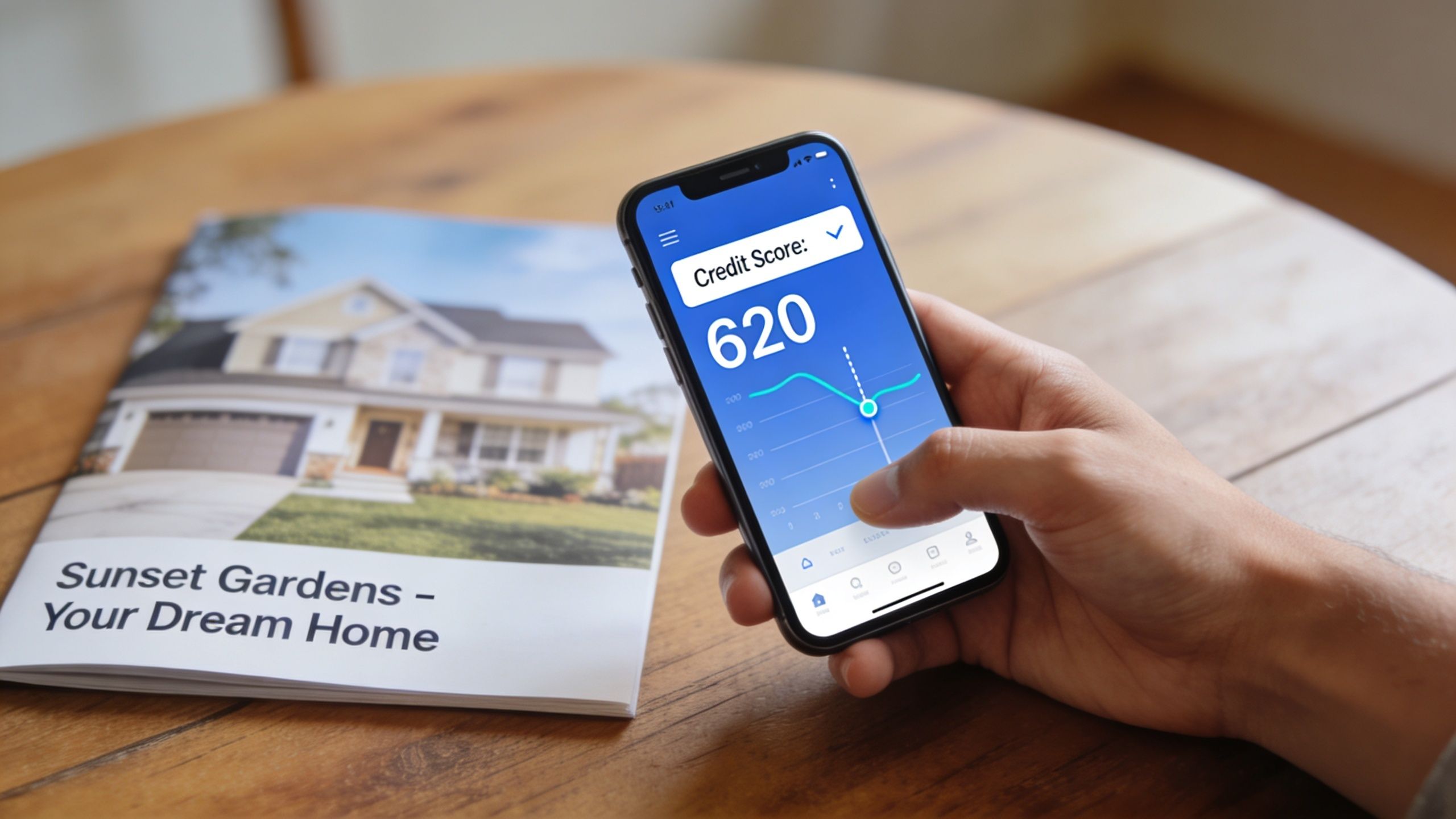 A person holding a smartphone showing a credit score of 620 next to a real estate brochure.