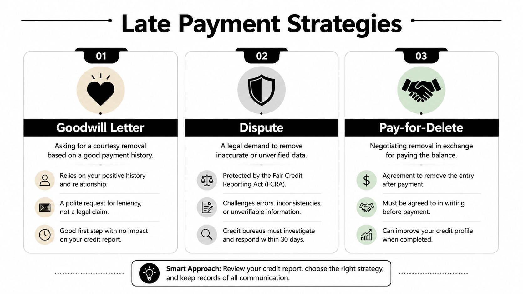 An infographic detailing three credit repair strategies: goodwill letters, formal disputes, and pay-for-delete agreements.