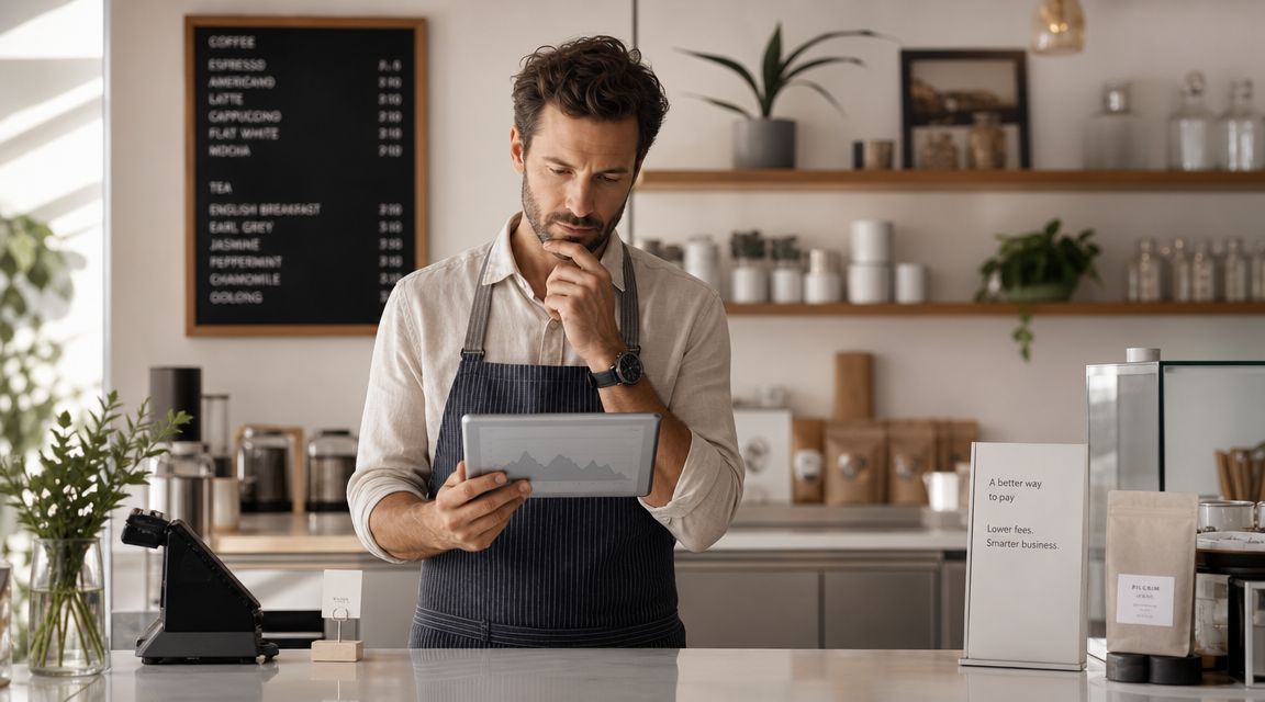 A male cafe barista in a dark apron reviewing a digital tablet with business performance data.