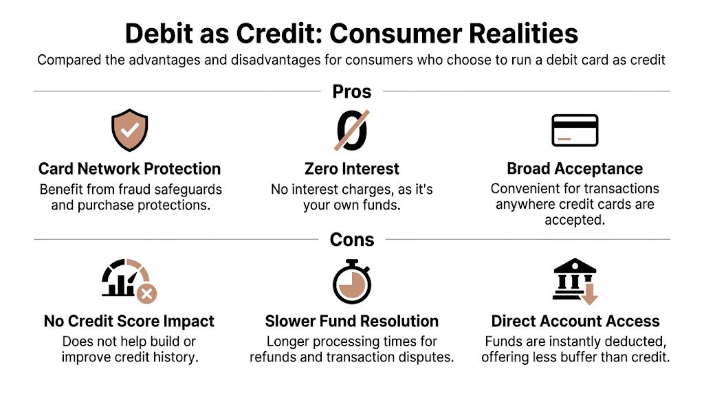 An infographic comparing the pros and cons of using a debit card as credit for consumers.