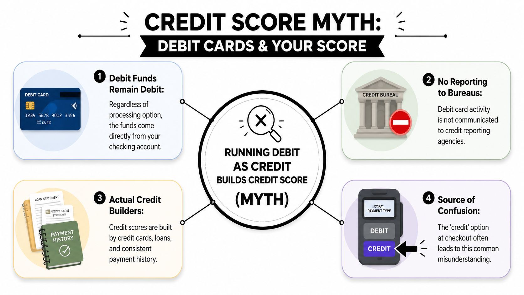 An infographic titled Credit Score Myth explaining that running a debit card as credit does not build credit.