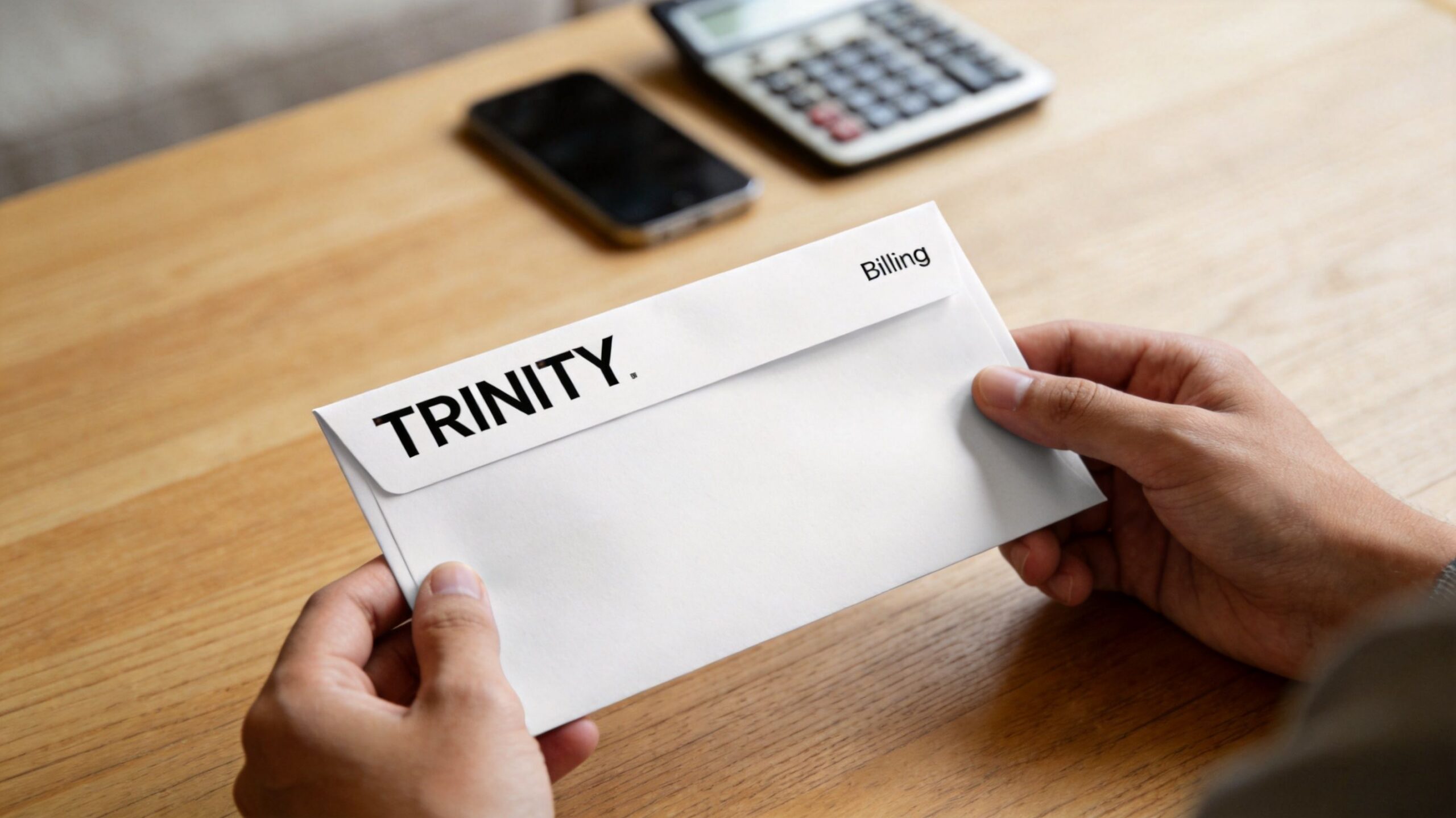A person holding a white envelope labeled TRINITY Billing on a wooden office desk surface.