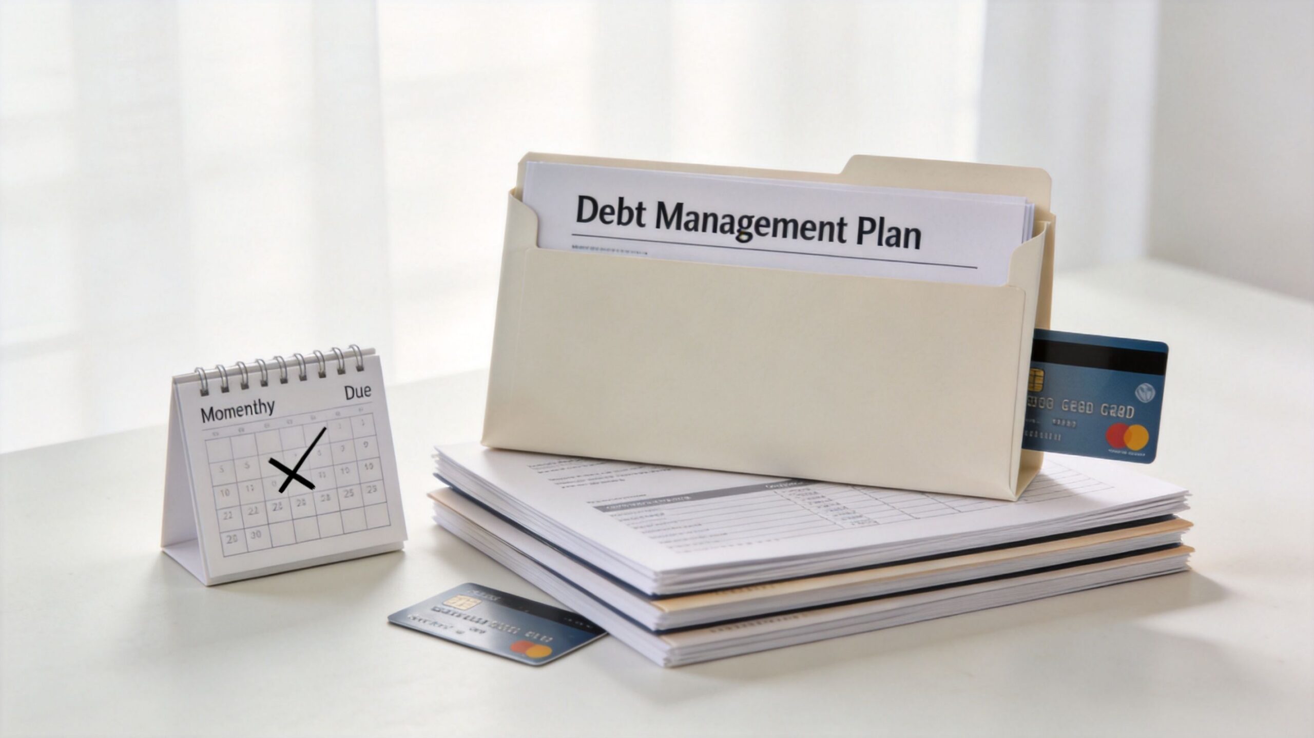A desktop setup featuring a debt management plan document, credit cards, and a monthly calendar marked with an X.