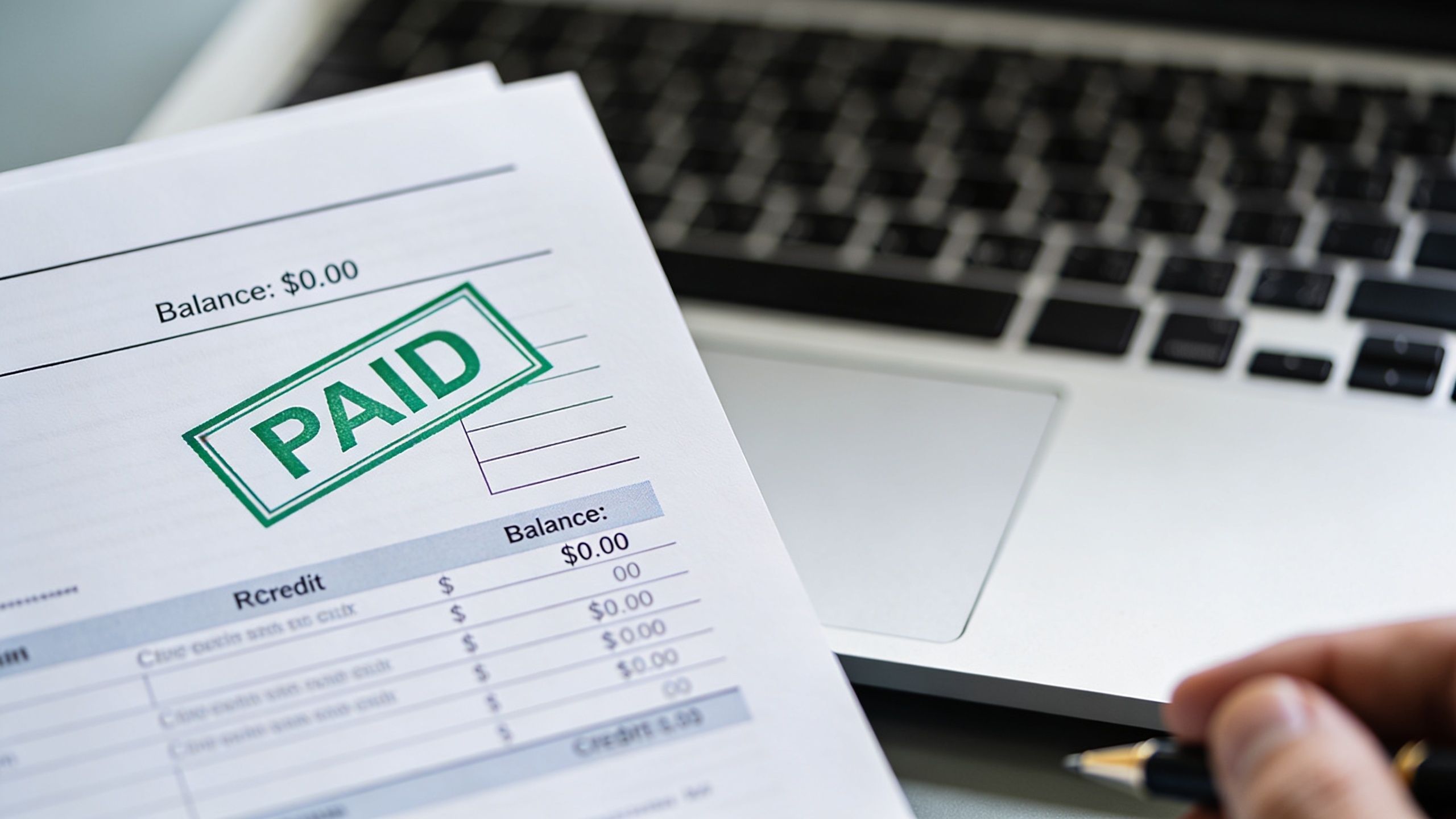 A document with a green paid stamp sitting next to a laptop with a person holding a pen.
