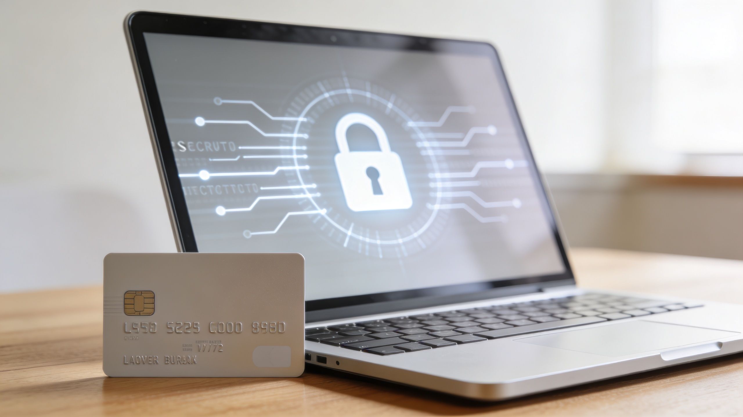 A silver credit card resting against an open laptop displaying a security padlock icon on the screen.