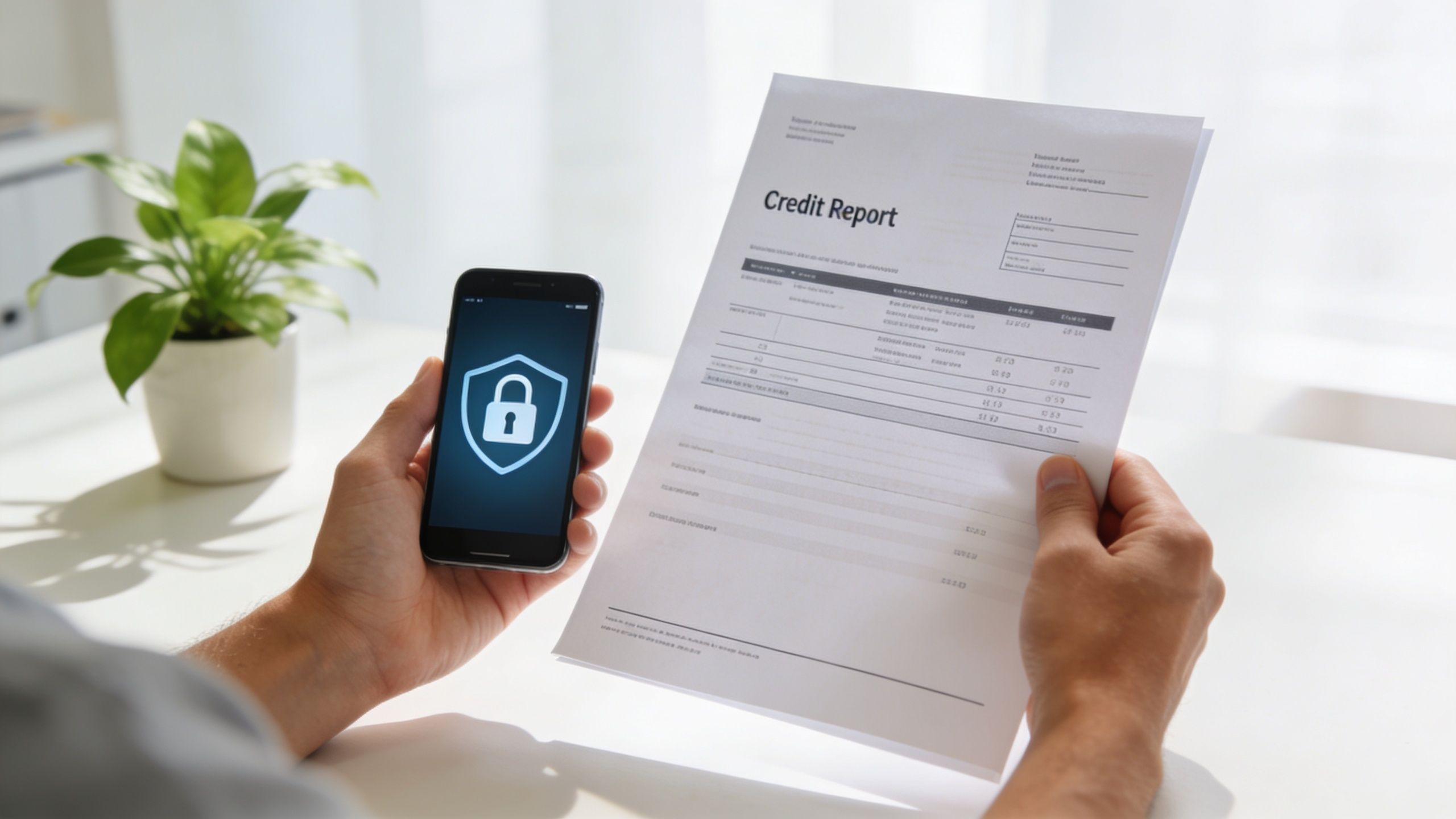 A person holding a smartphone with a security lock icon and a printed credit report document.