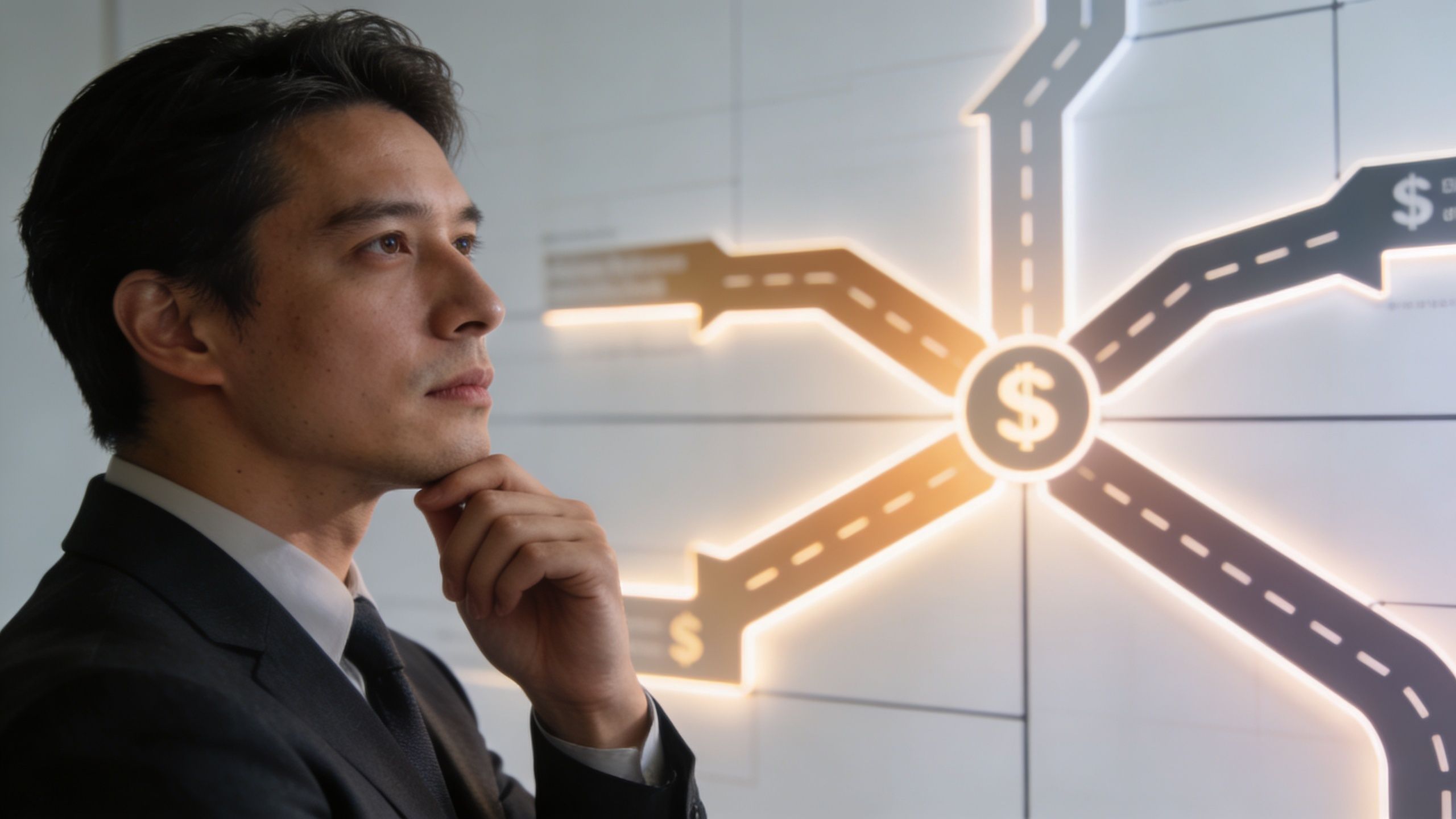 A professional man in a suit looking thoughtfully at an illuminated business strategy chart with dollar signs.