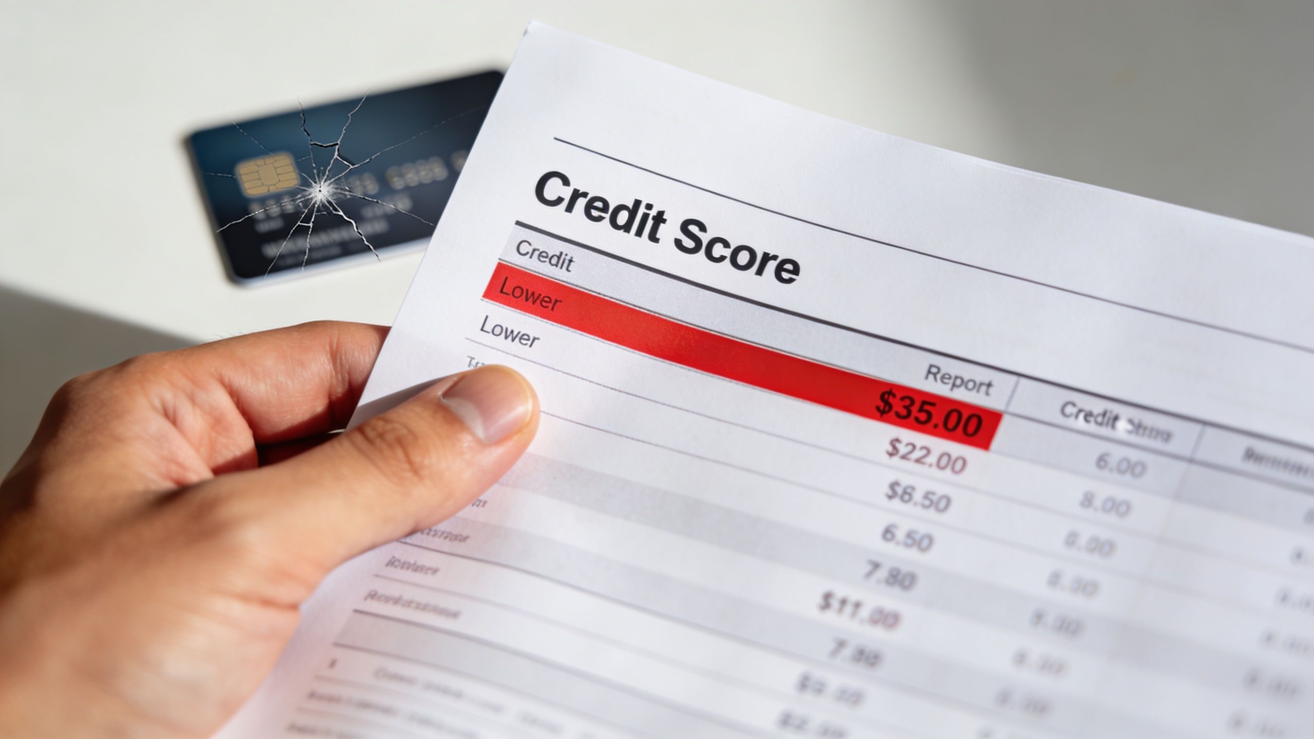 A hand holding a paper document titled Credit Score next to a cracked credit card.