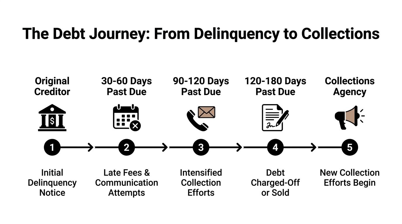 A five-step infographic showing the timeline of the debt collection process from initial delinquency to collections agency.
