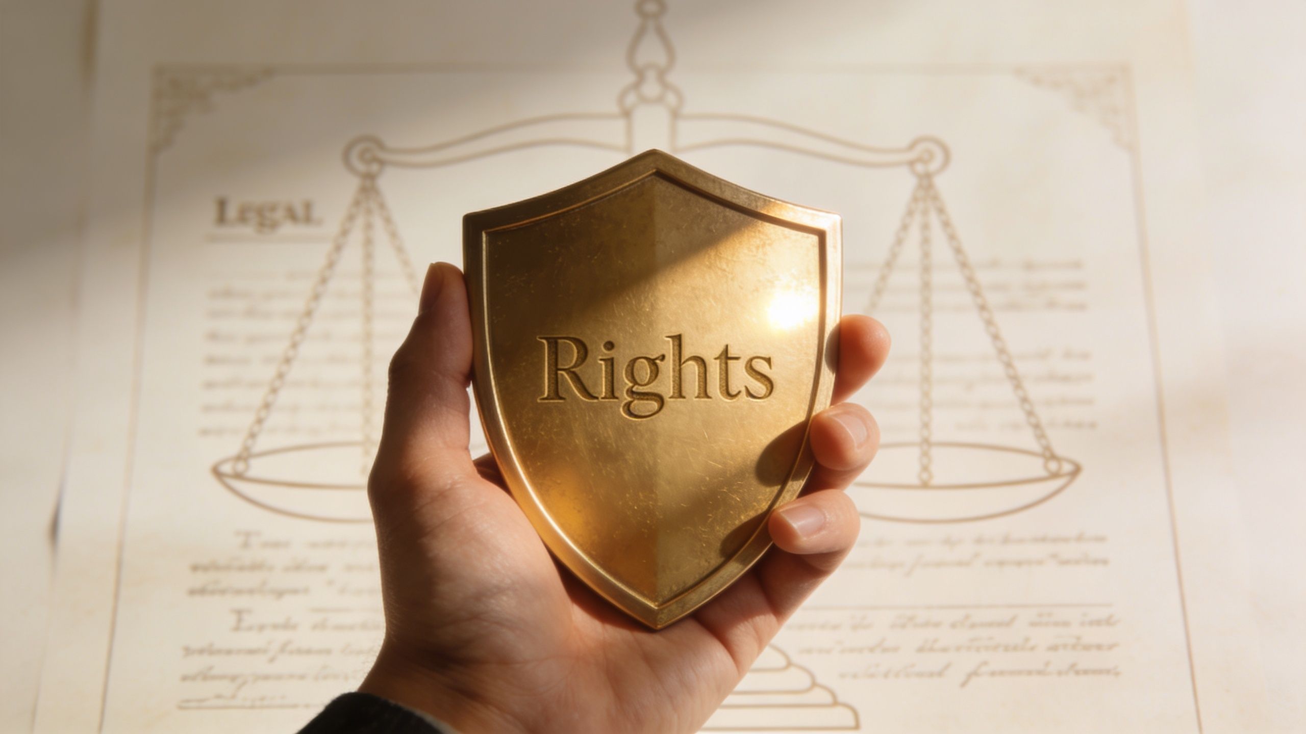 A hand holding a golden shield engraved with the word Rights over a legal document illustration.