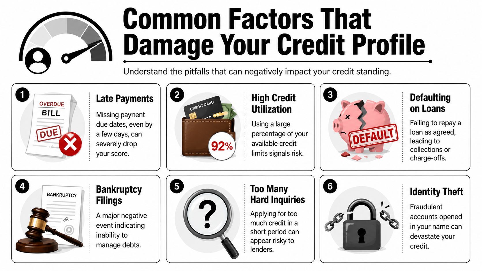 An infographic showing six common factors that damage a credit profile including late payments and bankruptcy.