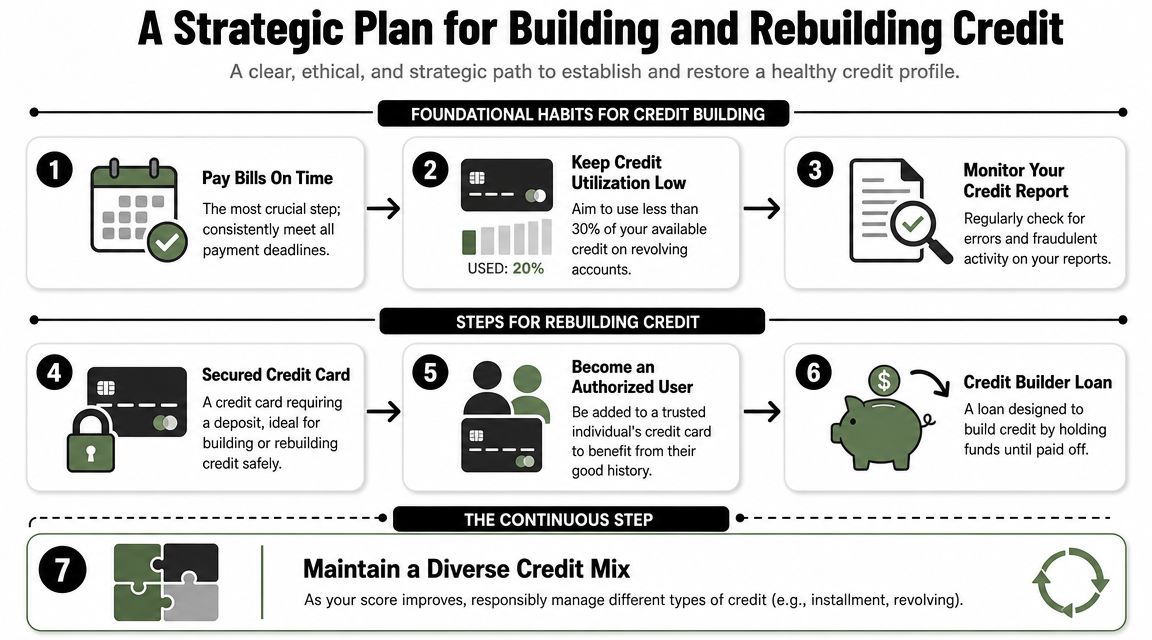 A strategic infographic outlining seven clear, actionable steps for building and rebuilding personal credit profiles effectively.