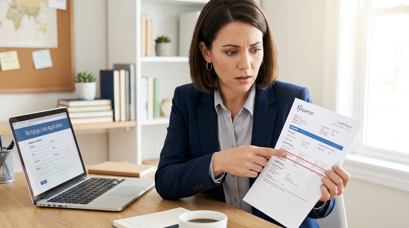 A worried professional reviews an Experian credit report while working on a mortgage loan application on her laptop.