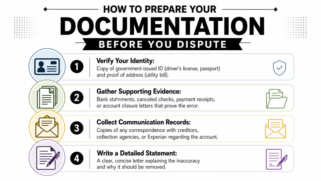 An infographic titled How to Prepare Your Documentation Before You Dispute featuring four essential steps for verification.