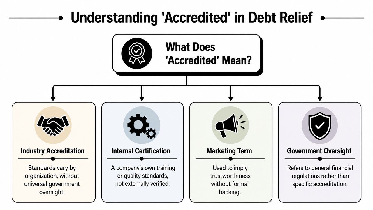 An infographic explaining the different meanings of accredited within the context of debt relief companies.