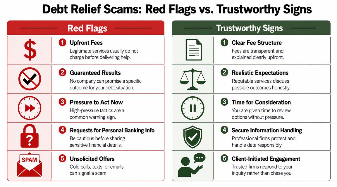 A comparison chart outlining red flags of debt relief scams versus signs of trustworthy debt relief services.