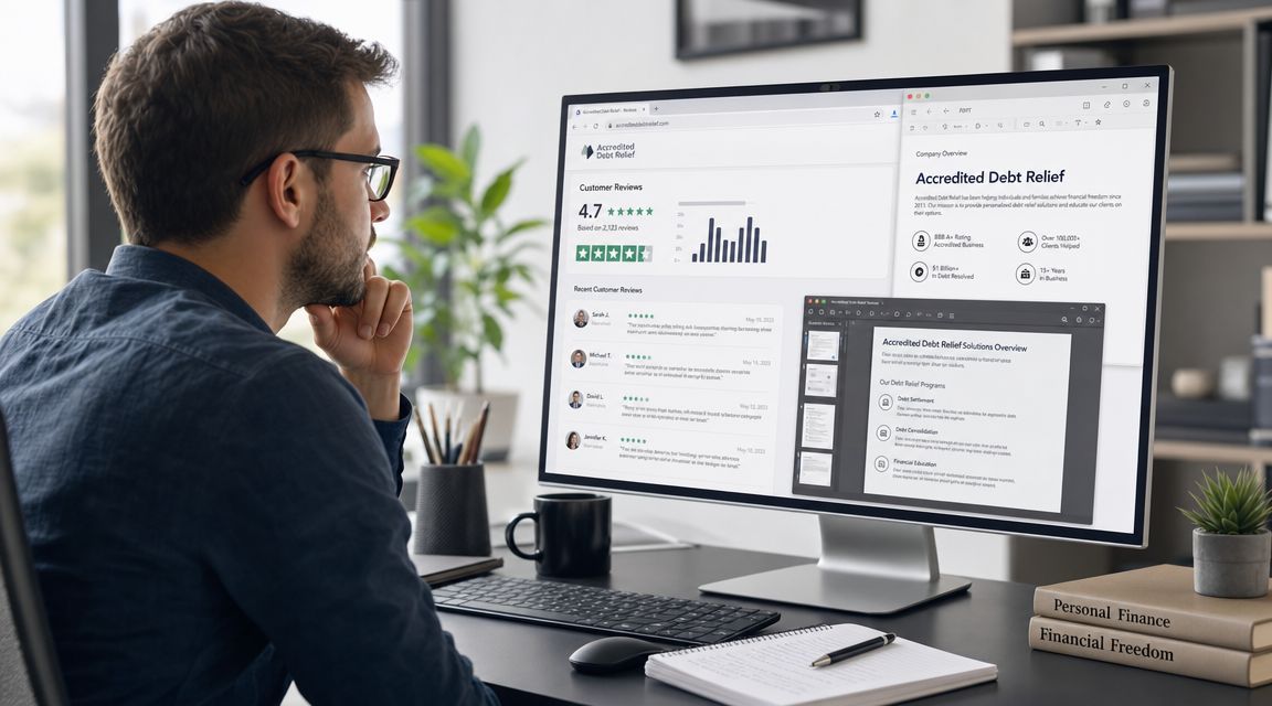 A professional man sitting at his desk, analyzing Accredited Debt Relief information on his large computer monitor.