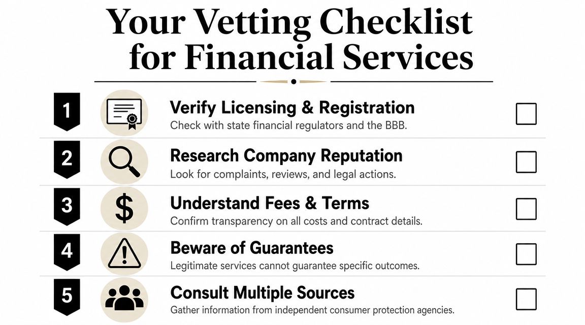 A numbered checklist detailing essential steps for vetting and evaluating the legitimacy of financial service providers.