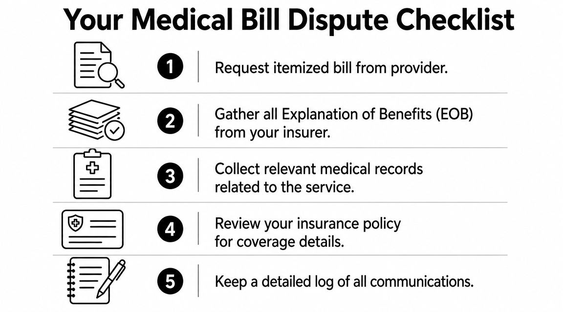 A five-step checklist for disputing a medical bill, featuring icons and clear actionable advice for patients.