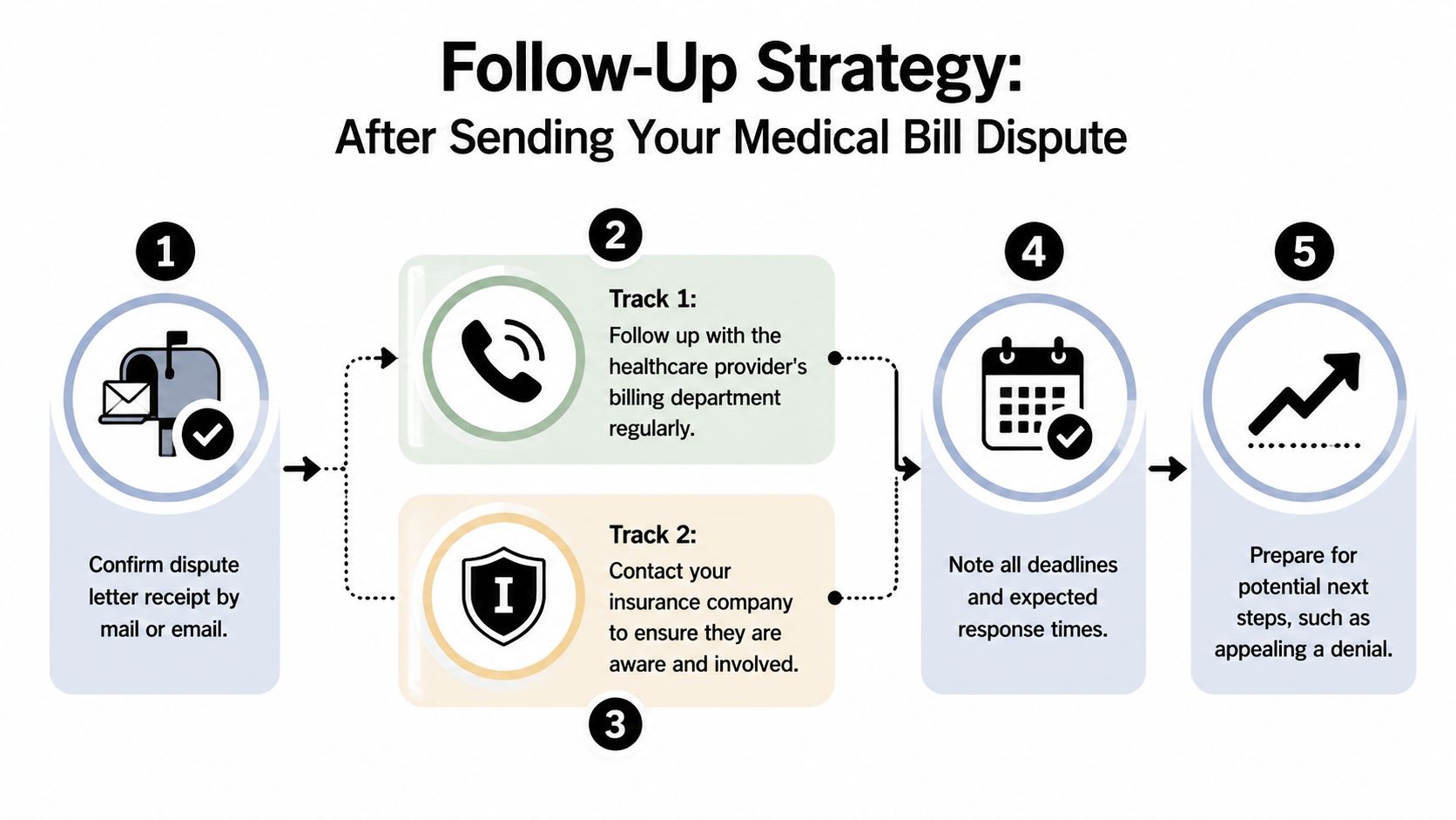A five-step infographic outlining a follow-up strategy for successfully managing a medical bill dispute process.