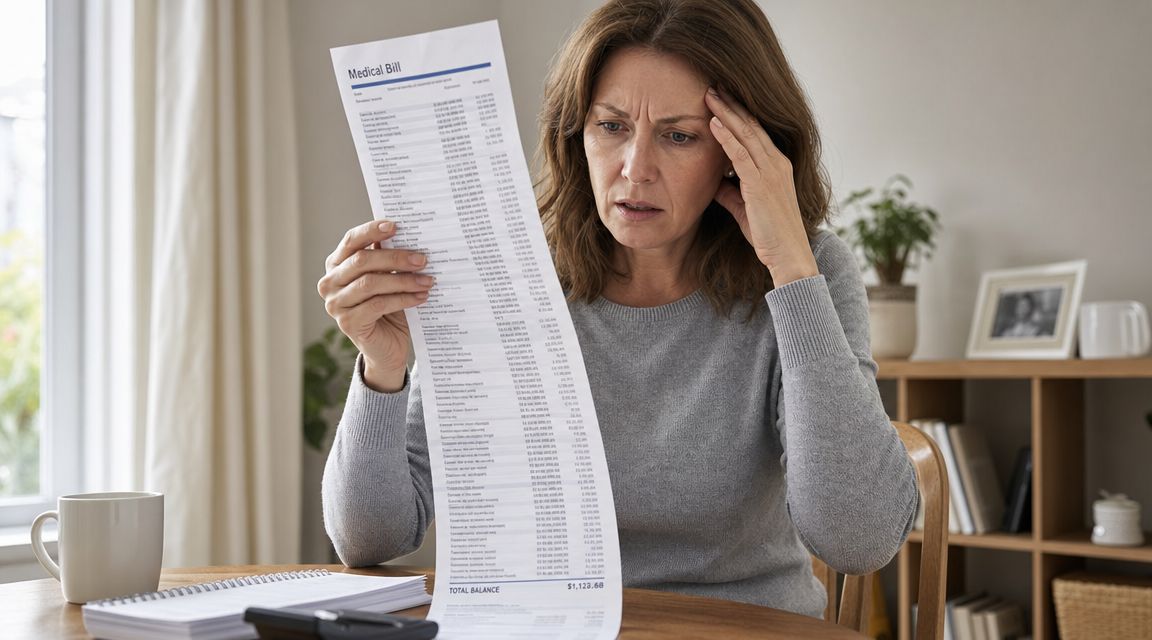A concerned woman sitting at a table while reviewing a long and confusing medical bill.